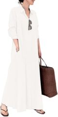 Women's Basic Loose Fit Long Sleeve Button Up Maxi Shirt Dress with Pockets,Dacheng Garments,Women's Basic Loose Fit Long Sleeve Button Up Maxi Shirt Dress with Pockets