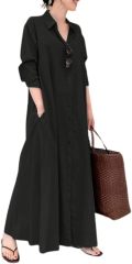 Women's Basic Loose Fit Long Sleeve Button Up Maxi Shirt Dress with Pockets,Dacheng Garments,Women's Basic Loose Fit Long Sleeve Button Up Maxi Shirt Dress with Pockets