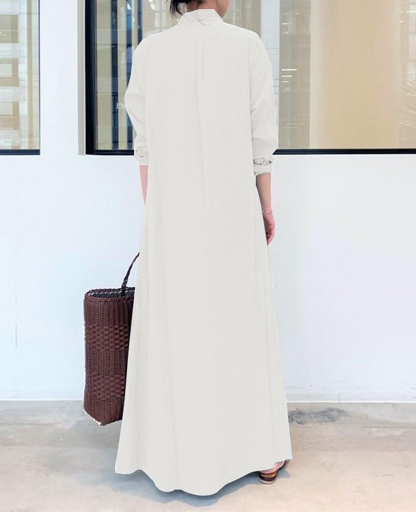 Women's Basic Loose Fit Long Sleeve Button Up Maxi Shirt Dress with Pockets,Dacheng Garments,Women's Basic Loose Fit Long Sleeve Button Up Maxi Shirt Dress with Pockets
