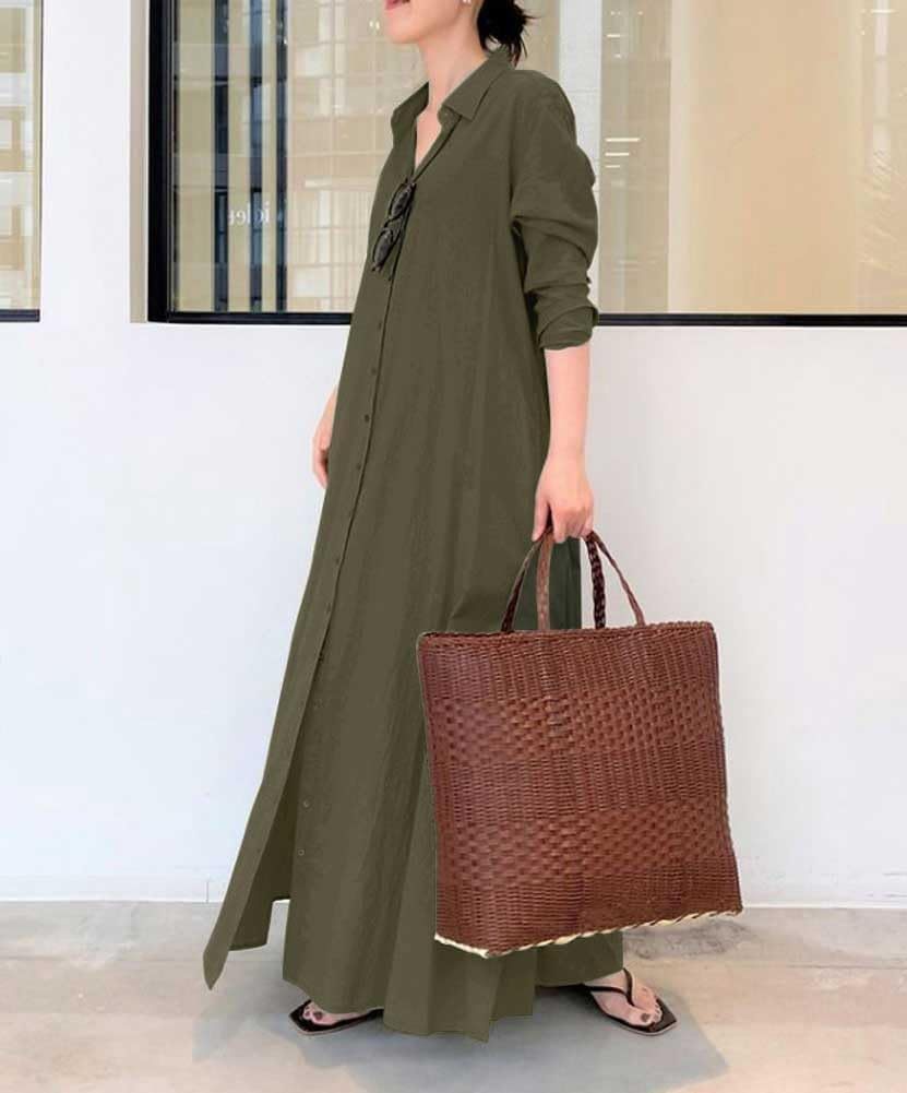 Women's Basic Loose Fit Long Sleeve Button Up Maxi Shirt Dress with Pockets,Dacheng Garments,Women's Basic Loose Fit Long Sleeve Button Up Maxi Shirt Dress with Pockets