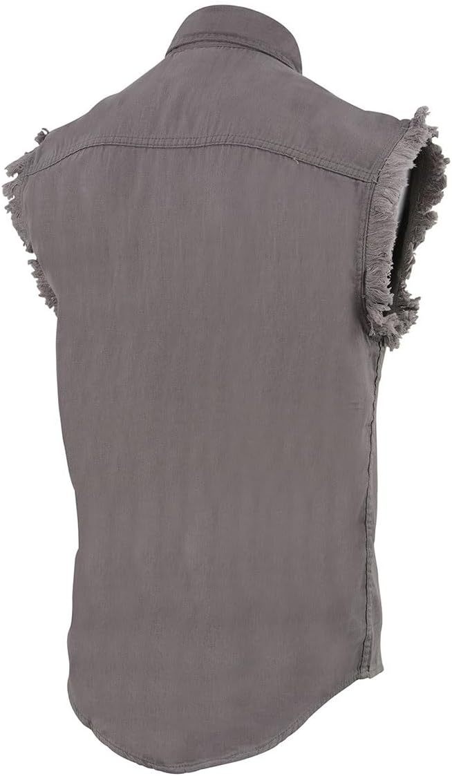 Men's Black Lightweight Denim Shirt with Frayed Cut Off Sleeveless,Dacheng Garments,Men's Black Lightweight Denim Shirt with Frayed Cut Off Sleeveless