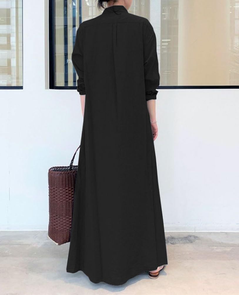 Women's Basic Loose Fit Long Sleeve Button Up Maxi Shirt Dress with Pockets,Dacheng Garments,Women's Basic Loose Fit Long Sleeve Button Up Maxi Shirt Dress with Pockets