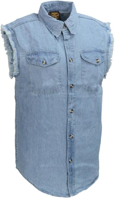 Men's Black Lightweight Denim Shirt with Frayed Cut Off Sleeveless,Dacheng Garments,Men's Black Lightweight Denim Shirt with Frayed Cut Off Sleeveless