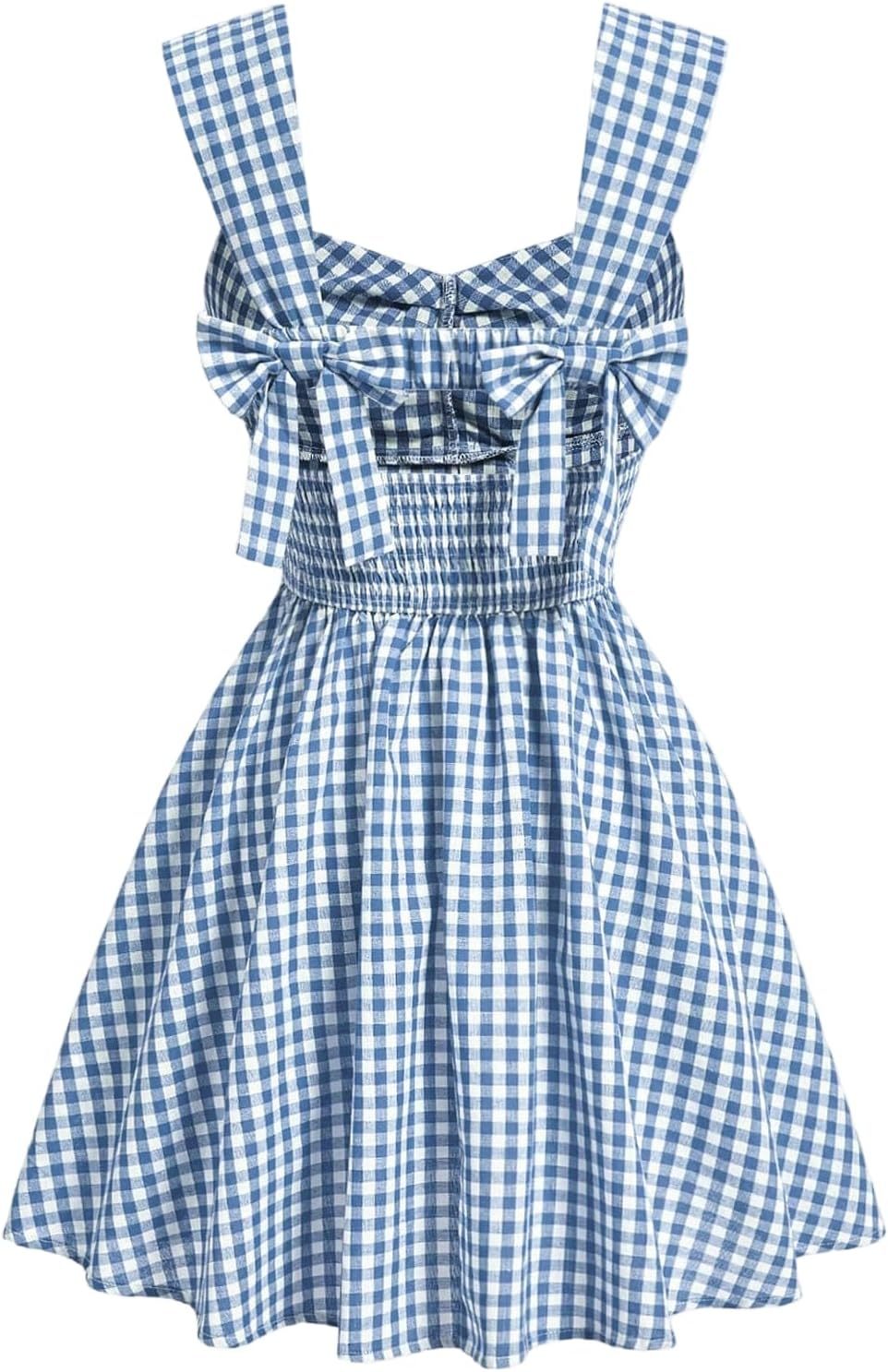 Women's Plaid Ruched Bust Sleeveless Vintage Bowknot Pleated Short Dresses,Dacheng Garments,Women's Plaid Ruched Bust Sleeveless Vintage Bowknot Pleated Short Dresses