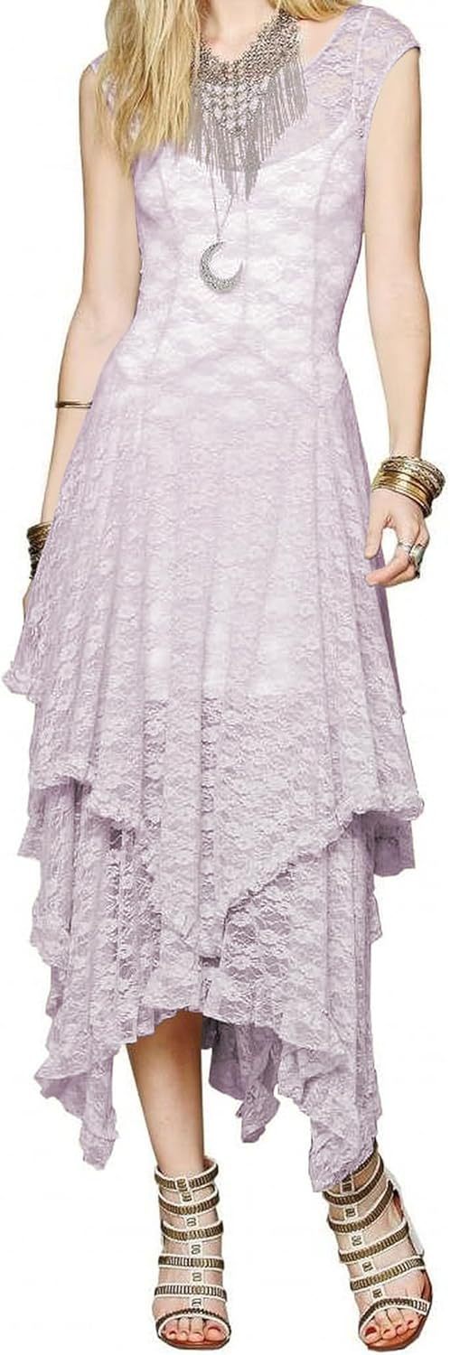 Womens Sleeveless Backless Asymmetrical Layered Lace Long Dress with Slip Two Pieces,Dacheng Garments,Womens Sleeveless Backless Asymmetrical Layered Lace Long Dress with Slip Two Pieces