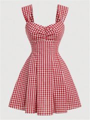 Women's Plaid Ruched Bust Sleeveless Vintage Bowknot Pleated Short Dresses,Dacheng Garments,Women's Plaid Ruched Bust Sleeveless Vintage Bowknot Pleated Short Dresses