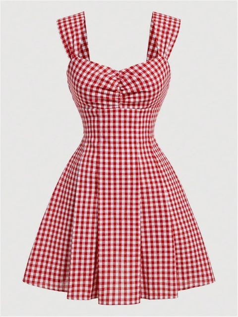 Women's Plaid Ruched Bust Sleeveless Vintage Bowknot Pleated Short Dresses,Dacheng Garments,Women's Plaid Ruched Bust Sleeveless Vintage Bowknot Pleated Short Dresses