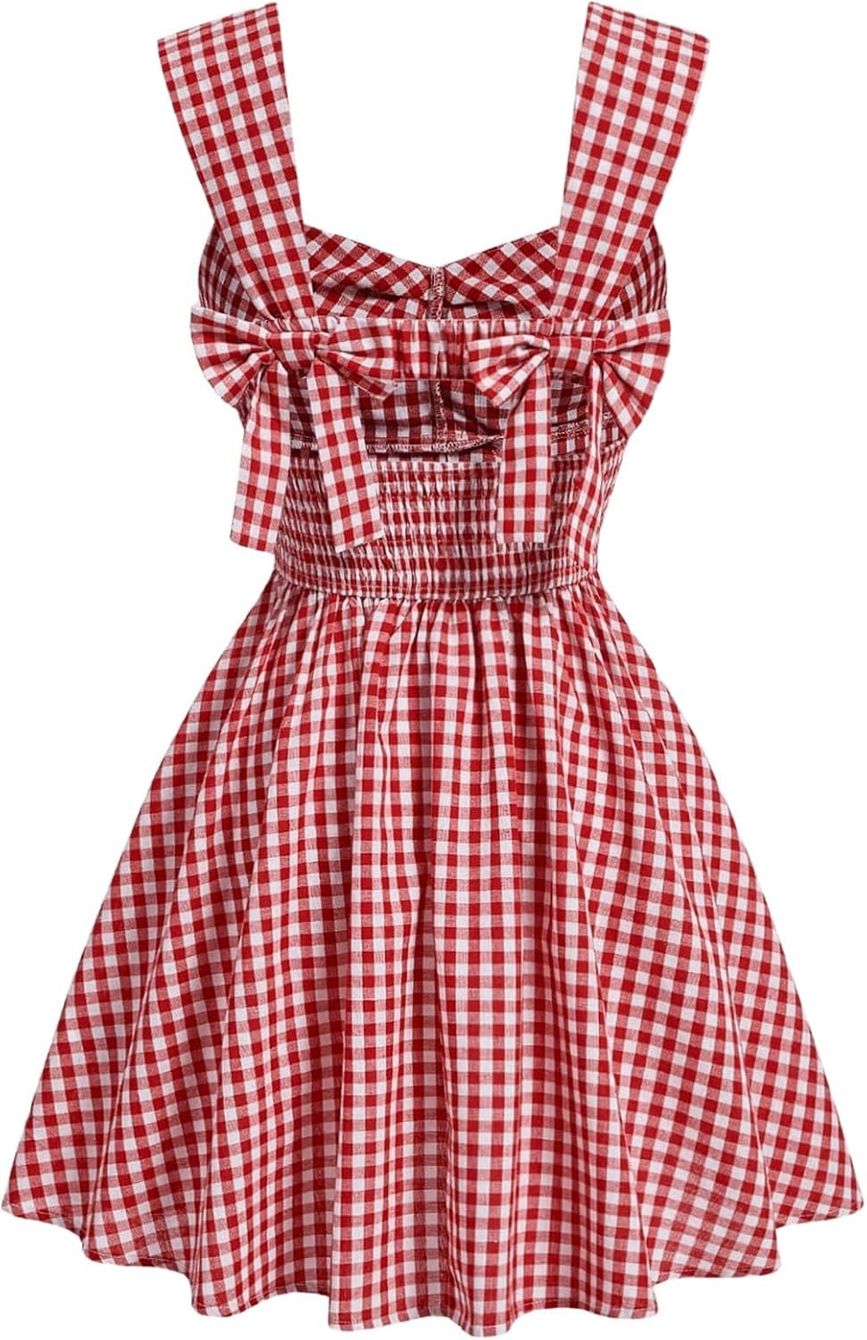 Women's Plaid Ruched Bust Sleeveless Vintage Bowknot Pleated Short Dresses,Dacheng Garments,Women's Plaid Ruched Bust Sleeveless Vintage Bowknot Pleated Short Dresses