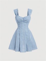 Women's Plaid Ruched Bust Sleeveless Vintage Bowknot Pleated Short Dresses,Dacheng Garments,Women's Plaid Ruched Bust Sleeveless Vintage Bowknot Pleated Short Dresses