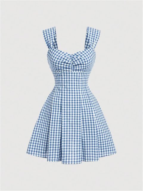 Women's Plaid Ruched Bust Sleeveless Vintage Bowknot Pleated Short Dresses,Dacheng Garments,Women's Plaid Ruched Bust Sleeveless Vintage Bowknot Pleated Short Dresses