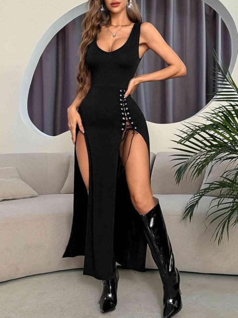 GothDark Vintage Black Goth Dress High Slit V Neck Eyelet Rope Sexy Party Club Dresses,Dacheng Garments,GothDark Vintage Black Goth Dress High Slit V Neck Eyelet Rope Sexy Party Club Dresses
