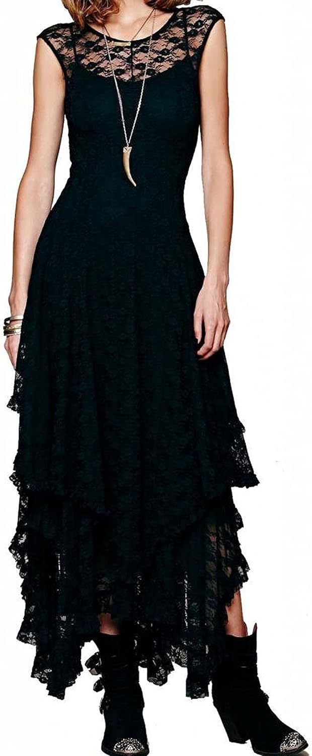 Womens Sleeveless Backless Asymmetrical Layered Lace Long Dress with Slip Two Pieces,Dacheng Garments,Womens Sleeveless Backless Asymmetrical Layered Lace Long Dress with Slip Two Pieces