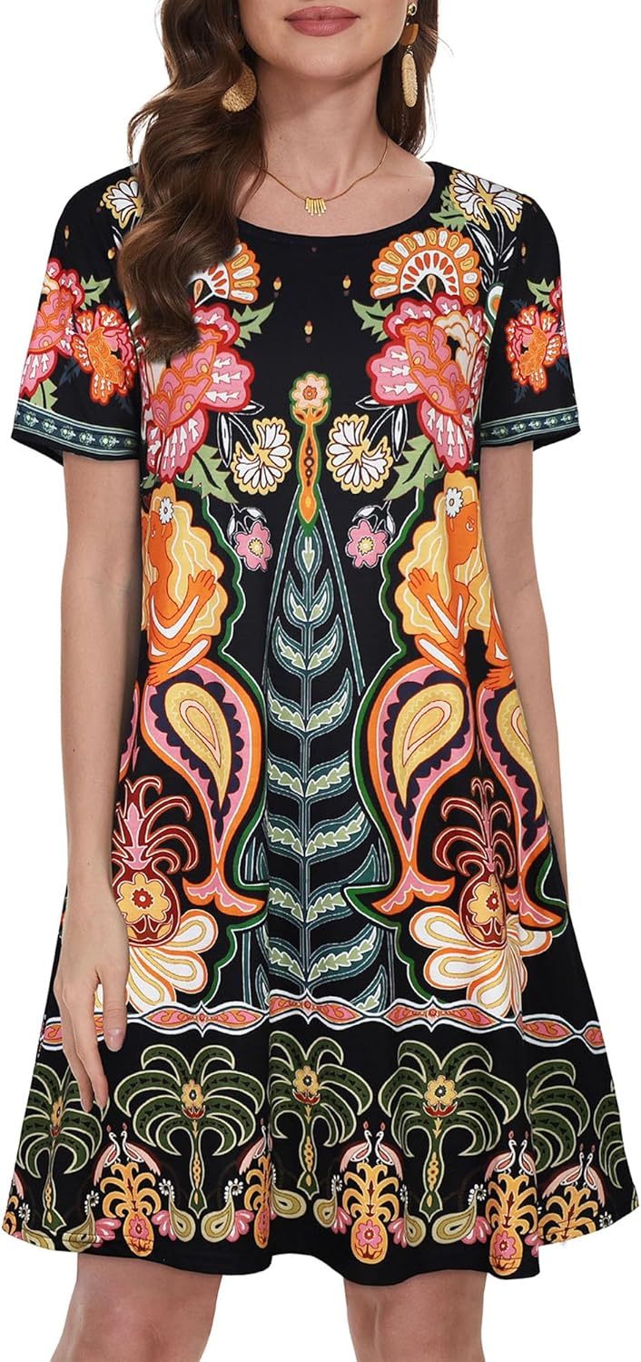 Summer Dresses for Women Casual Tshirt Short Sleeve Floral Sundress Beach Cover Ups with Pockets,Dacheng Garments,Summer Dresses for Women Casual Tshirt Short Sleeve Floral Sundress Beach Cover Ups with Pockets
