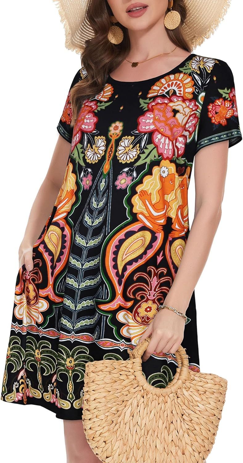 Summer Dresses for Women Casual Tshirt Short Sleeve Floral Sundress Beach Cover Ups with Pockets,Dacheng Garments,Summer Dresses for Women Casual Tshirt Short Sleeve Floral Sundress Beach Cover Ups with Pockets