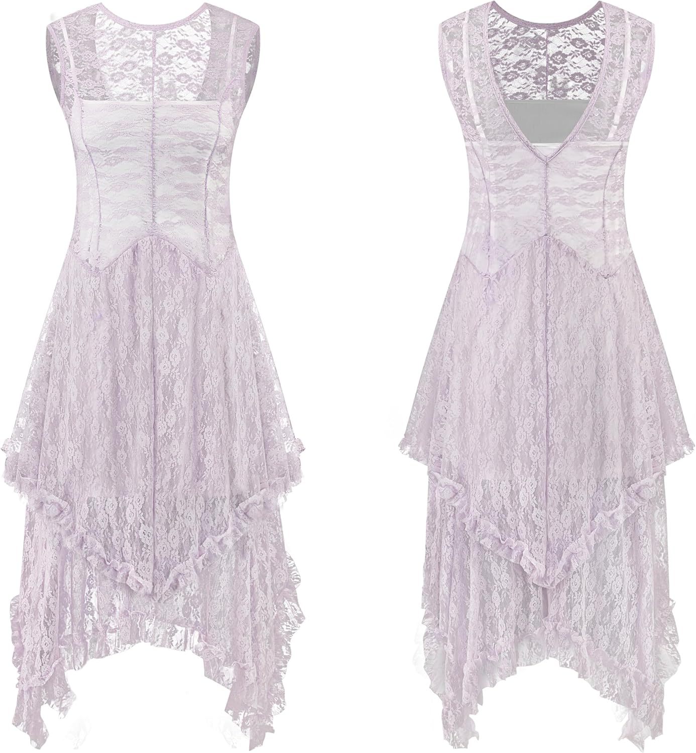 Womens Sleeveless Backless Asymmetrical Layered Lace Long Dress with Slip Two Pieces,Dacheng Garments,Womens Sleeveless Backless Asymmetrical Layered Lace Long Dress with Slip Two Pieces