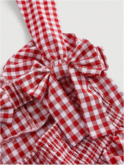 Women's Plaid Ruched Bust Sleeveless Vintage Bowknot Pleated Short Dresses,Dacheng Garments,Women's Plaid Ruched Bust Sleeveless Vintage Bowknot Pleated Short Dresses