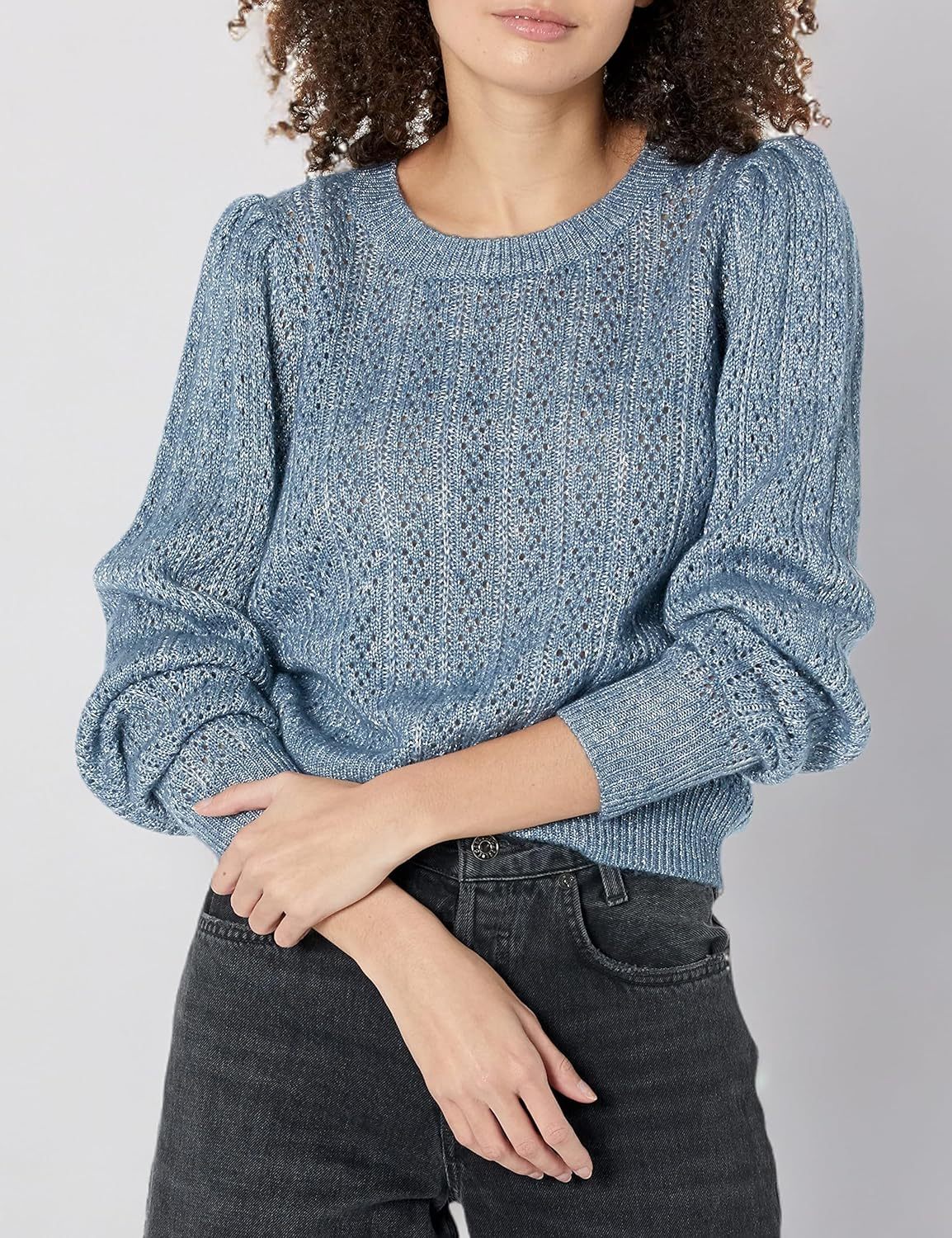 Sweater Crew Neck Slightly Cropped Puff Sleeve in IvorySilver Metalic,Dacheng Garments,Crew Neck Slightly Cropped Puff Sleeve Sweater - IvorySilver Metalic | Dacheng Fashion