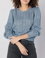 Sweater Crew Neck Slightly Cropped Puff Sleeve in IvorySilver Metalic,Dacheng Garments,Crew Neck Slightly Cropped Puff Sleeve Sweater - IvorySilver Metalic | Dacheng Fashion