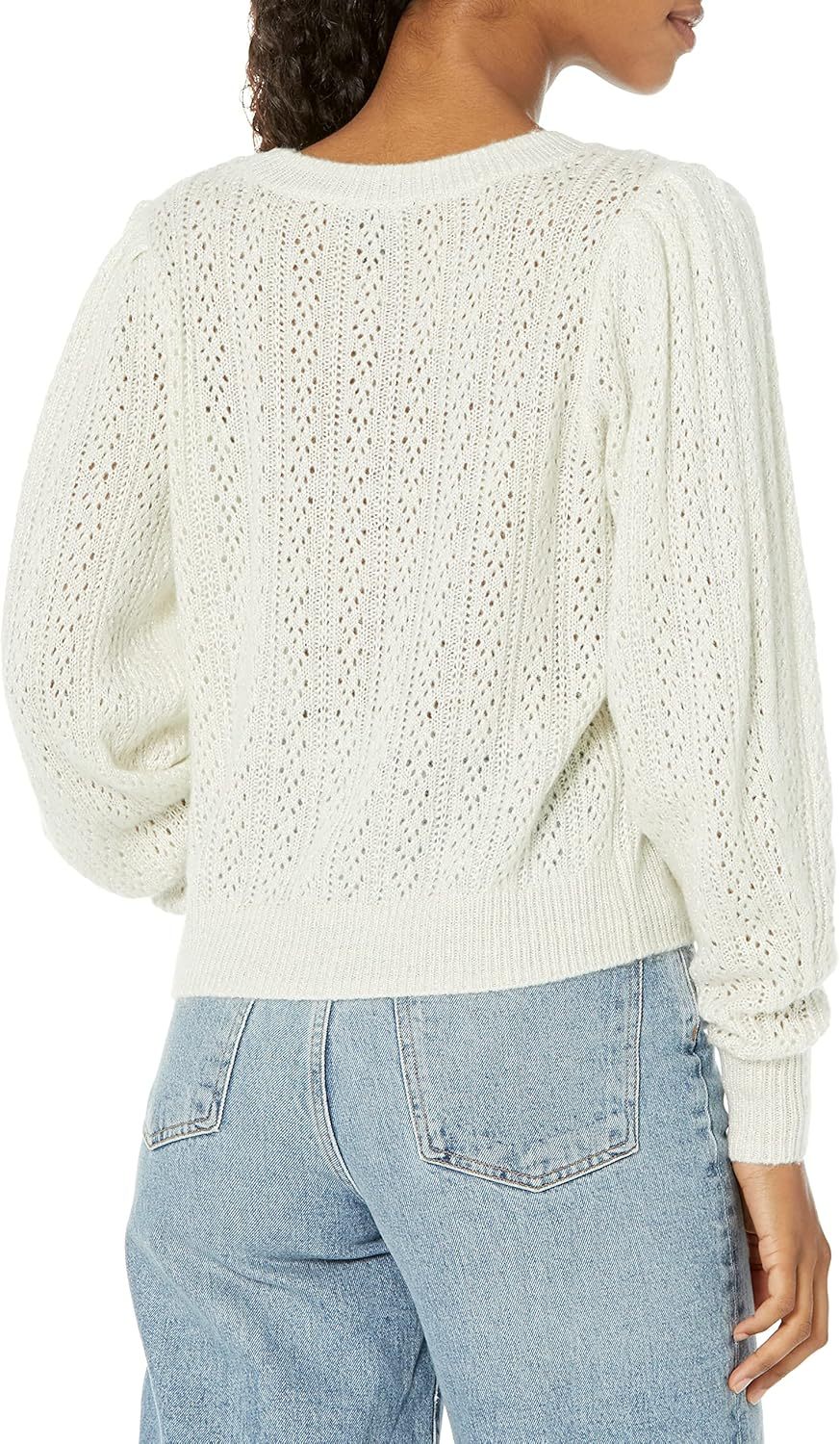 Sweater Crew Neck Slightly Cropped Puff Sleeve in IvorySilver Metalic,Dacheng Garments,Crew Neck Slightly Cropped Puff Sleeve Sweater - IvorySilver Metalic | Dacheng Fashion