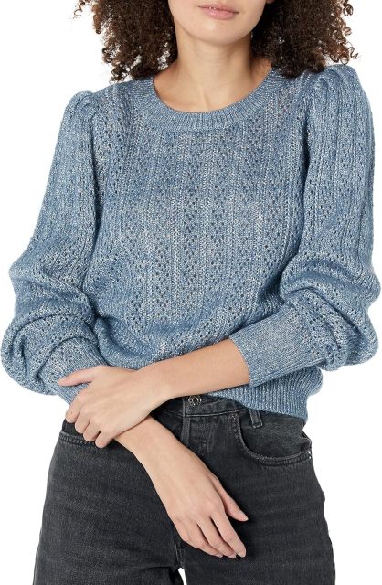 Sweater Crew Neck Slightly Cropped Puff Sleeve in IvorySilver Metalic,Dacheng Garments,Crew Neck Slightly Cropped Puff Sleeve Sweater - IvorySilver Metalic | Dacheng Fashion