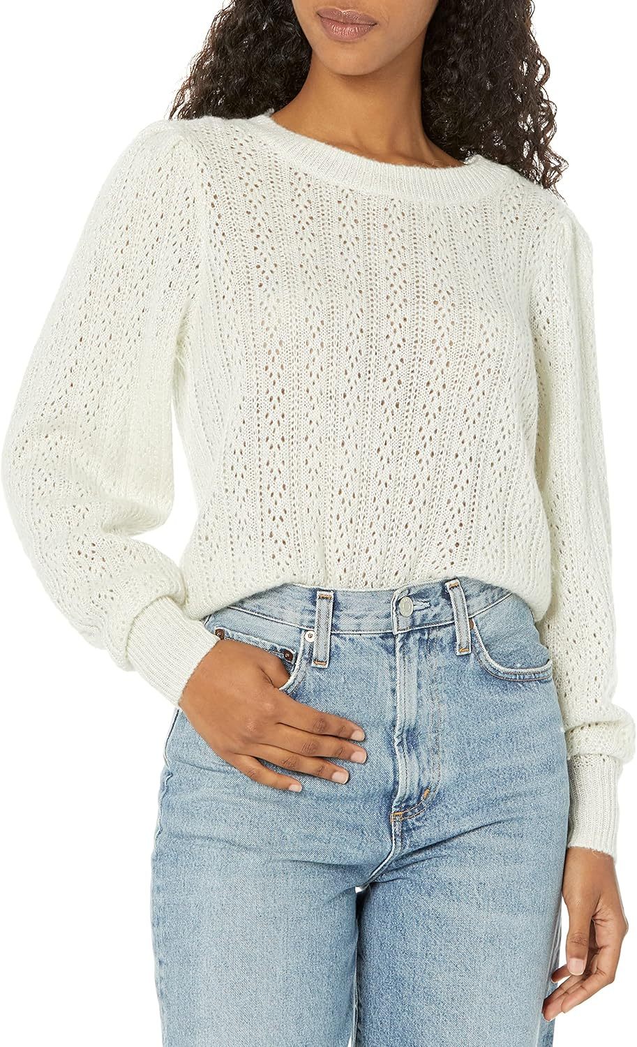 Sweater Crew Neck Slightly Cropped Puff Sleeve in IvorySilver Metalic,Dacheng Garments,Crew Neck Slightly Cropped Puff Sleeve Sweater - IvorySilver Metalic | Dacheng Fashion