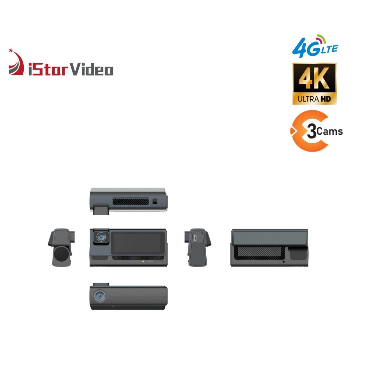 iSV-T3  Three Channel Dashcam, 4G LTE+True 4K SONY IMX415 Sensor, Remote Live-View, IR Night Vision, 24/7 Parking Mode