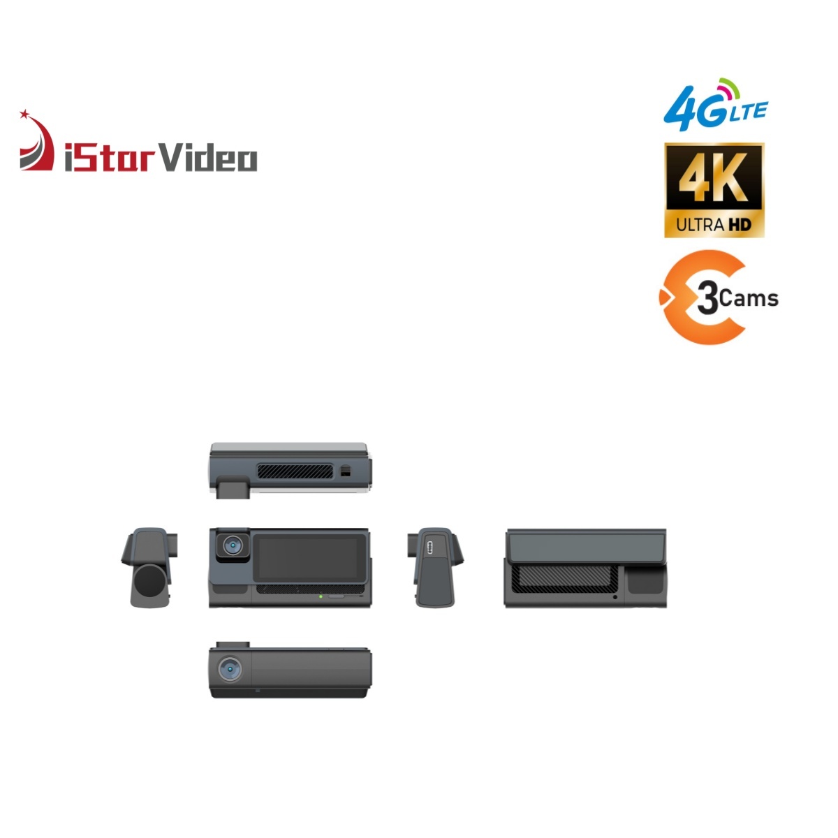 iSV-T3Plus  3''IPS Touch Screen,3 Channel Dashcam, 4G LTE+True 4K SONY IMX415 Sensor, Remote Live-View, 24/7 Parking Mode