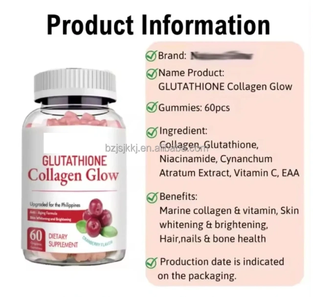 Hot Sale Anti Aging Formula Hydrolyzed Glutathione Collagen Glow Gummies Glowing Skin for Women in Philippine
