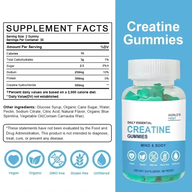 Private Label OEM Creatine Monohydrate Gummies 5000mg Pre Workout Energy Sports Nutrition Supplements Gummies for Muscle Growth