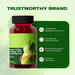 Organic Non-GMO Sugar-Free Apple Cider Vinegar Gummies B12 Vitamin C Herbal Extract Supplement for Digestion Energy Immune