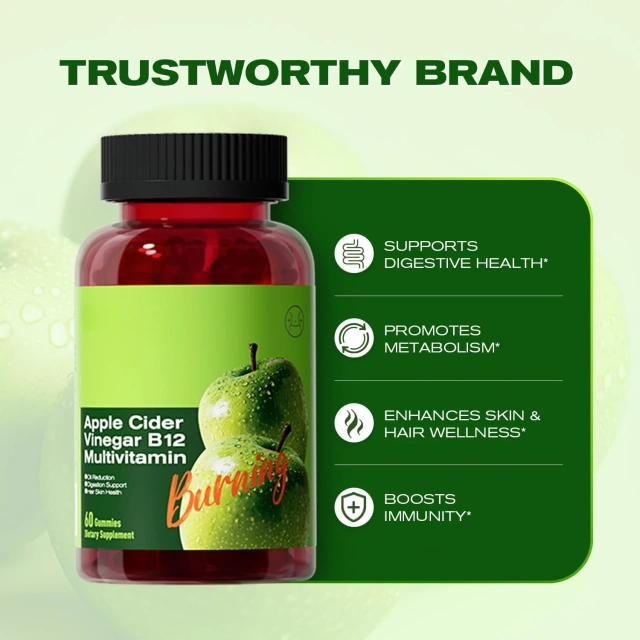 Organic Non-GMO Sugar-Free Apple Cider Vinegar Gummies B12 Vitamin C Herbal Extract Supplement for Digestion Energy Immune
