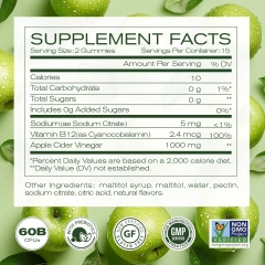 Organic Non-GMO Sugar-Free Apple Cider Vinegar Gummies B12 Vitamin C Herbal Extract Supplement for Digestion Energy Immune