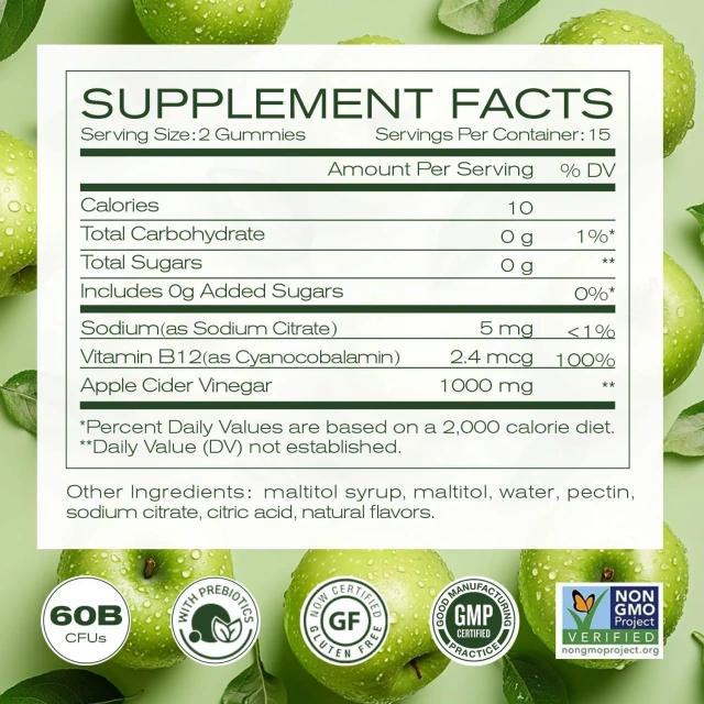 Organic Non-GMO Sugar-Free Apple Cider Vinegar Gummies B12 Vitamin C Herbal Extract Supplement for Digestion Energy Immune