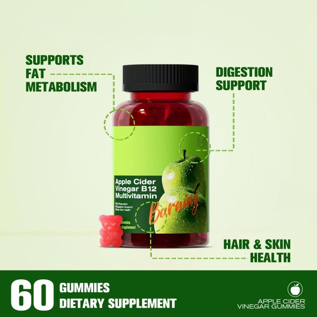 Organic Non-GMO Sugar-Free Apple Cider Vinegar Gummies B12 Vitamin C Herbal Extract Supplement for Digestion Energy Immune