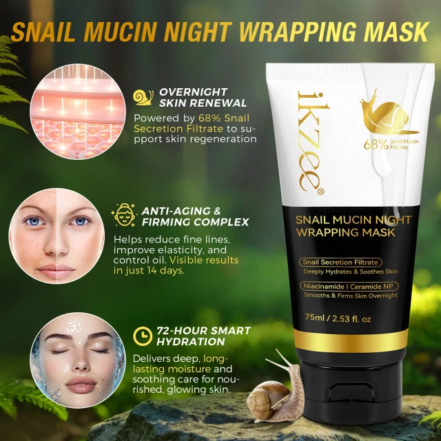 IKZEE 75ml Facial Smoothing Firming Deep Hydrating Snail Mucin Night Wrapping Mask Private Label Peel Off Collagen Facial Mask