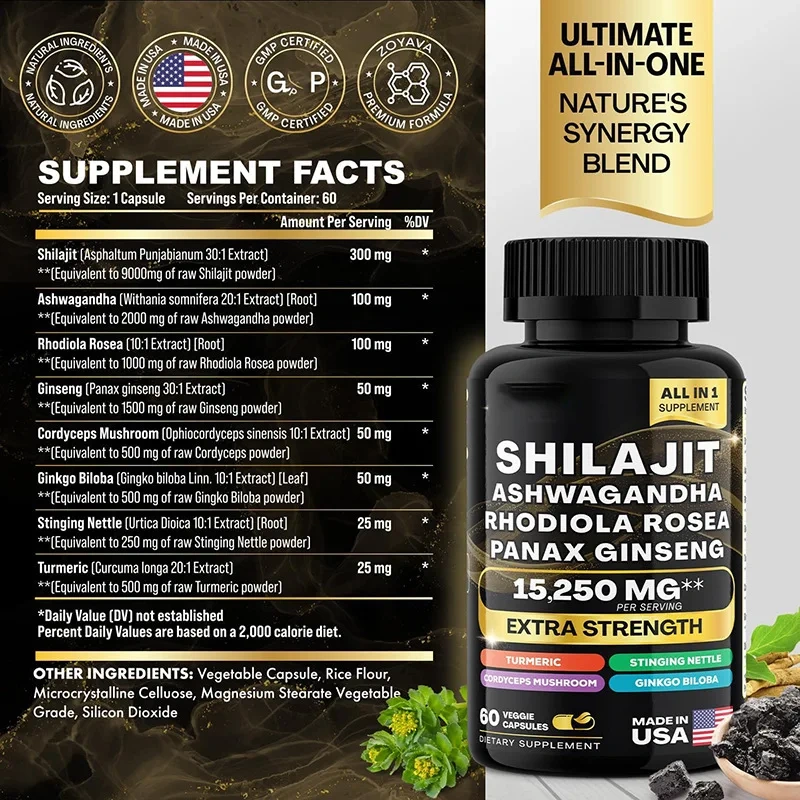 OEM Factory Custom Pure Himalayan Herbal Supplements Ashwagandha Rhodiola Rosea Panax Ginseng Complex Shilajit Capsules