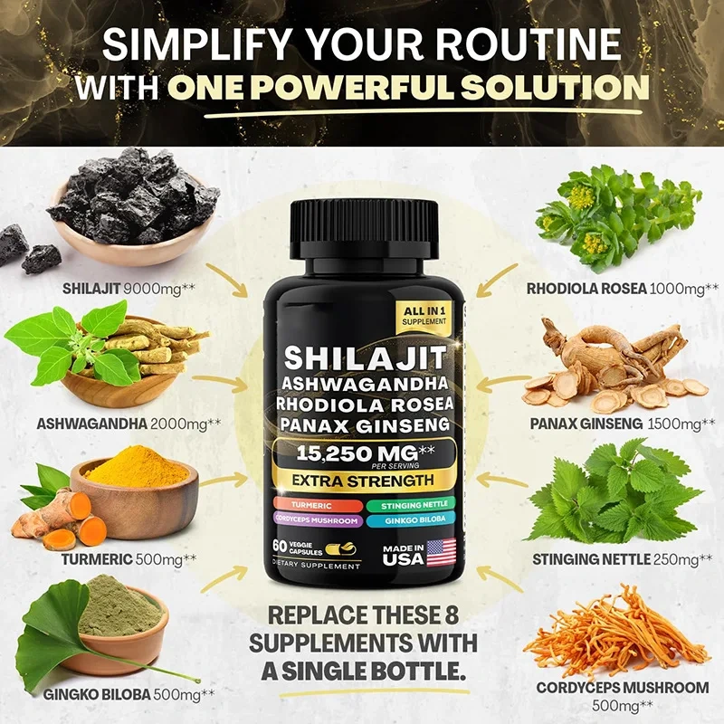 OEM Factory Custom Pure Himalayan Herbal Supplements Ashwagandha Rhodiola Rosea Panax Ginseng Complex Shilajit Capsules