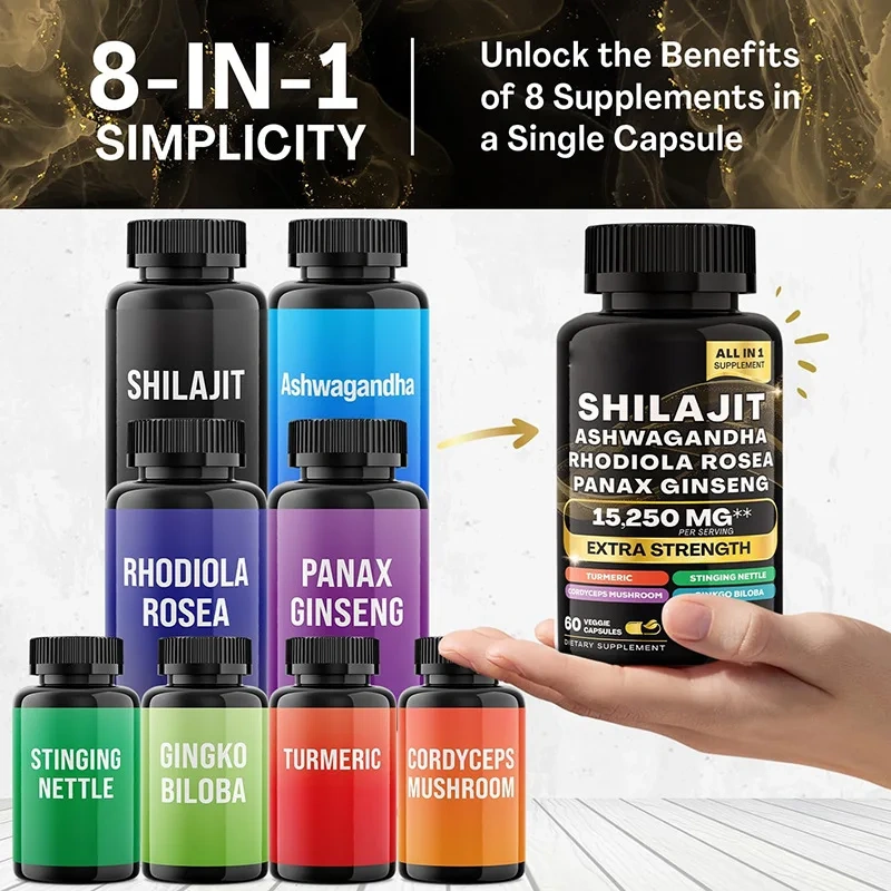 OEM Factory Custom Pure Himalayan Herbal Supplements Ashwagandha Rhodiola Rosea Panax Ginseng Complex Shilajit Capsules