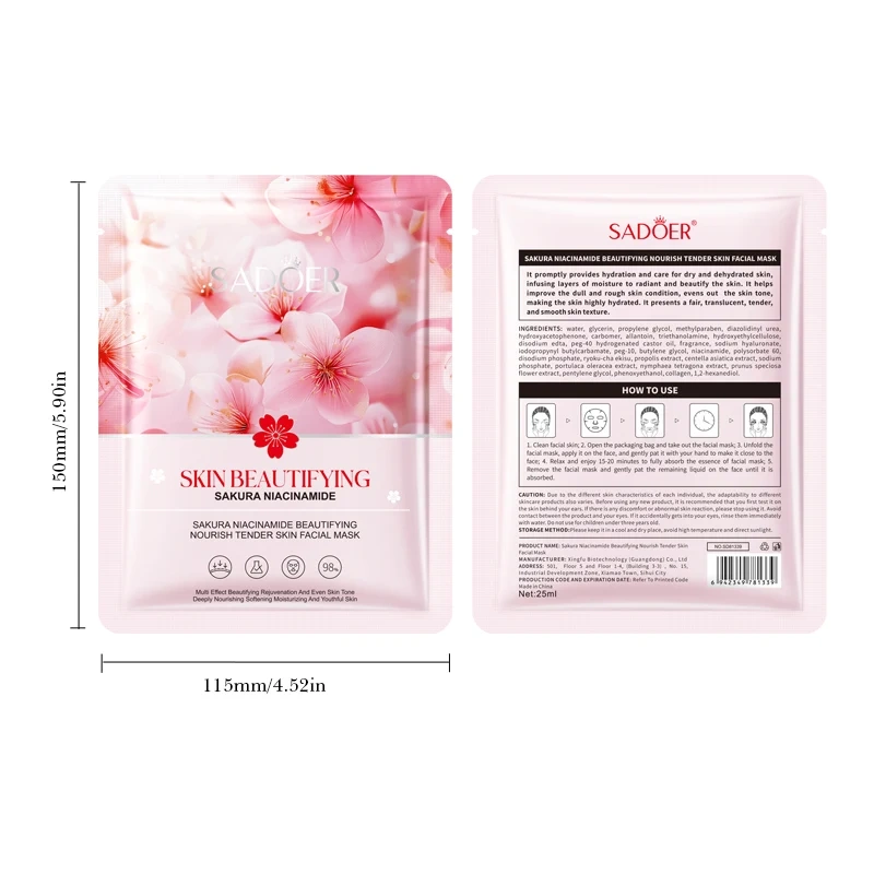 OEM SADOER Factory Price Korean Skin Care Sakura Nicotinamide Whitening Nourishing Moisturizing Facial Mask Wholesale