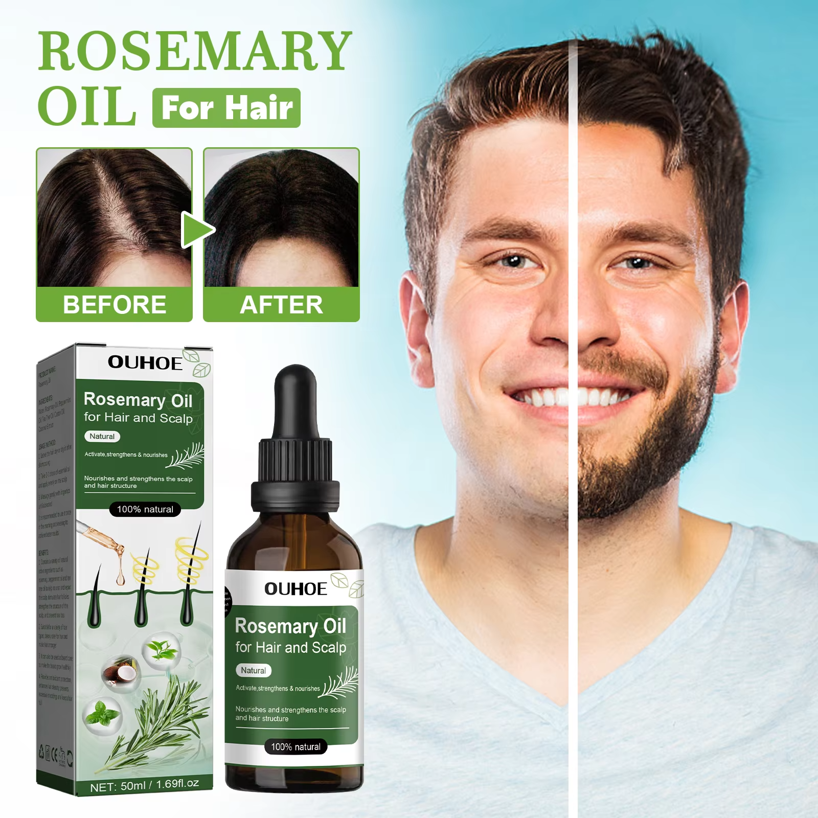 100% Natural Thickening Hair Growth Hair Scalp Care Rosemary Essential Oil for Hair Scalp Activate, Strengthen and Nourish