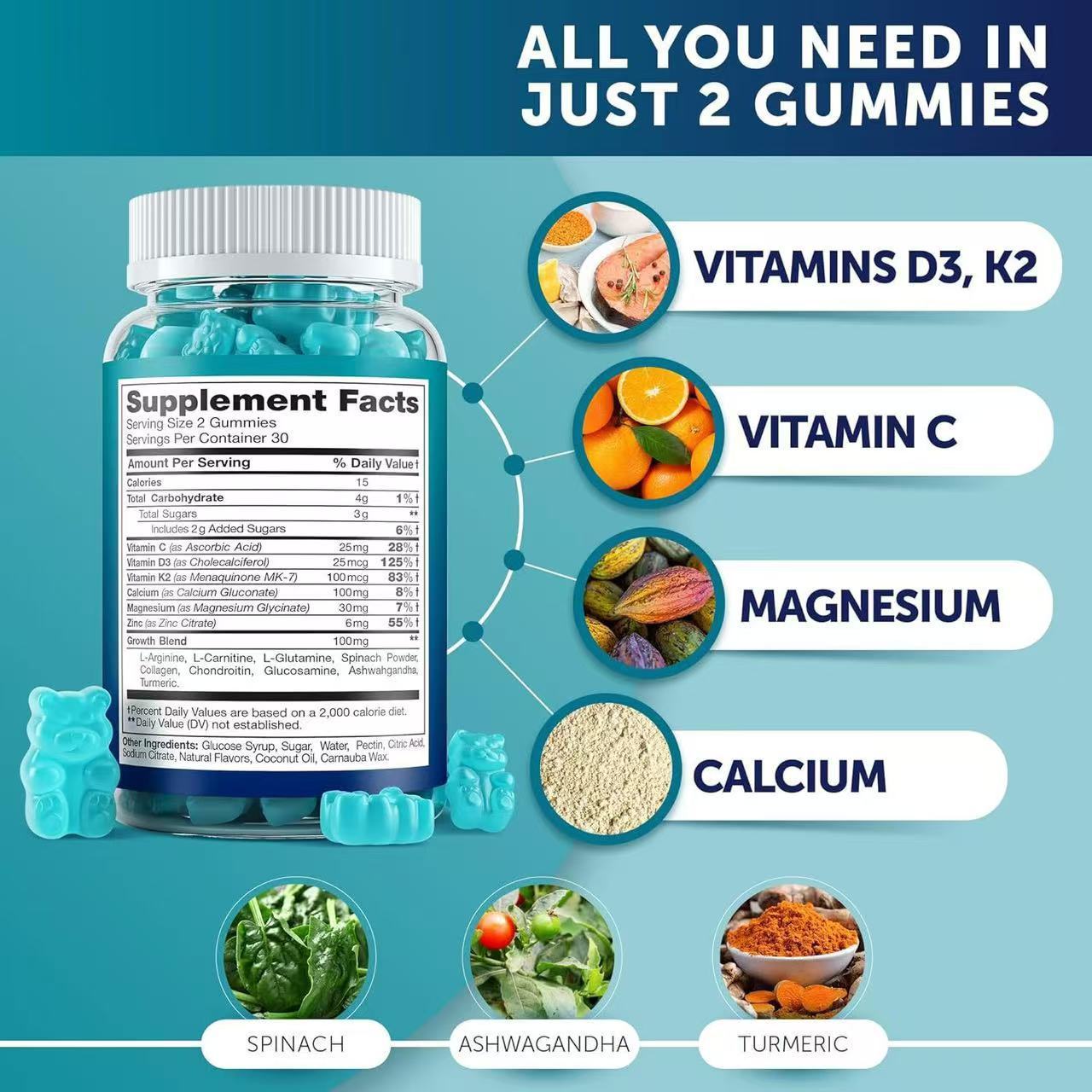 OEM Manufacturer Herbal Calcium Supplement Bone Strength Support Gummies with Vitamins D3, K2, and Magnesium