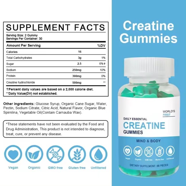 Private Label OEM Creatine Monohydrate Gummies 5000mg Pre Workout Energy Sports Nutrition Supplements Gummies for Muscle Growth