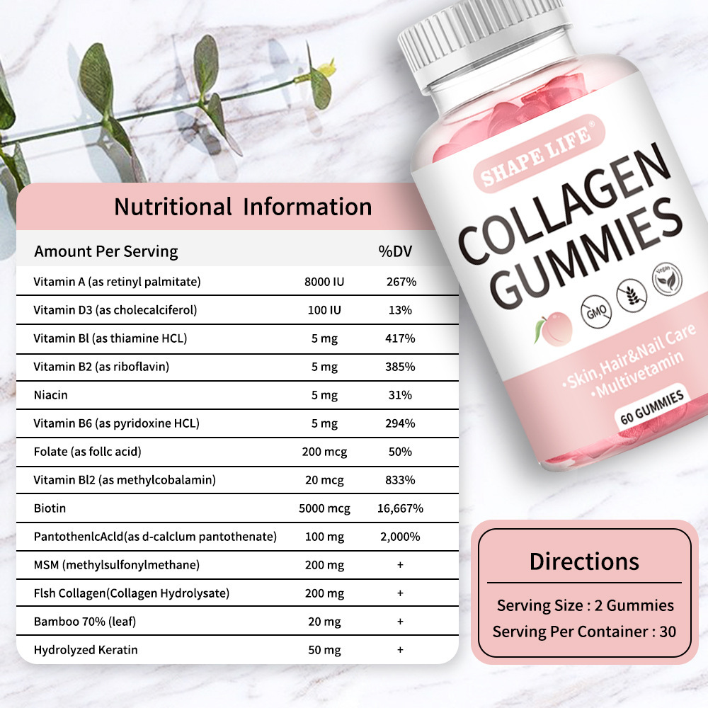 Hot Selling Collagen Gummies Beauty Hair Skin Nails Biotin Vitamin Supplements Fruit Flavor Beauty Gummies