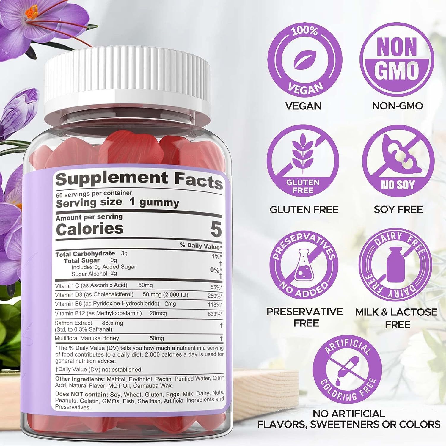 WELLBODY OEM/ODM Private Label Factory Supply Halal Natural Organic Saffron Extract Gummies with Rhodiola Rosea Extract