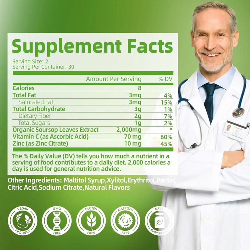 Graviola Soursop Leaves Extract Vitamin C Zinc Supplement Customizable Organic Soursop Graviola Gummies