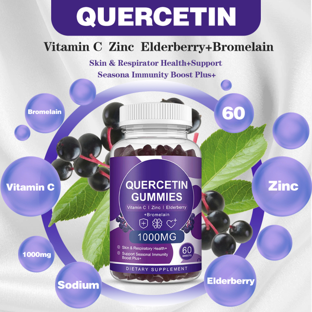Quercetin Protect Gummies - Respiratory Defense, Immune Power & Stress Calm for Health with Elderberry, VC & Bromelain