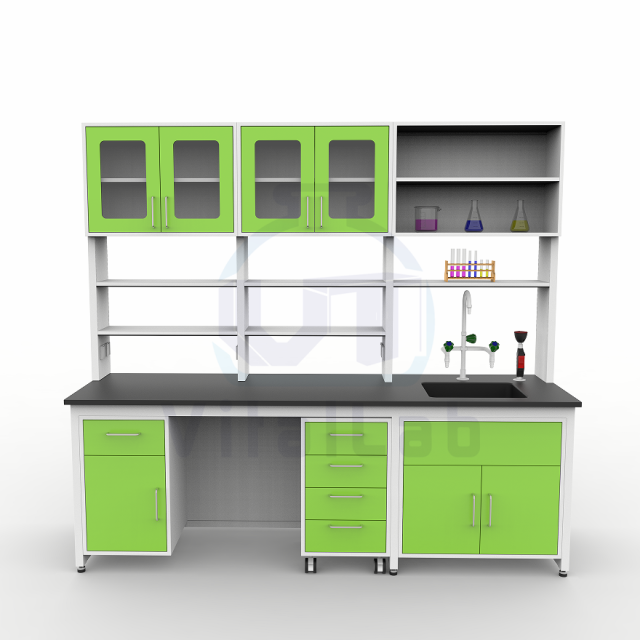 CE Certified Modern Epoxy Powder Coated Iron Frame Laboratory Table Bench with End Sink Cabinet Light on Shelf 2 Drawers