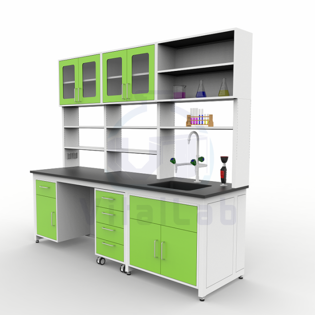 CE Certified Modern Epoxy Powder Coated Iron Frame Laboratory Table Bench with End Sink Cabinet Light on Shelf 2 Drawers