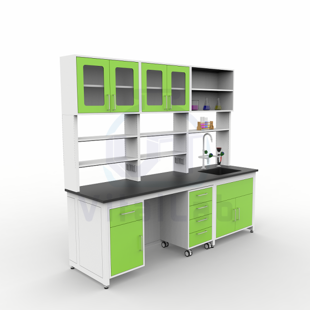 CE Certified Modern Epoxy Powder Coated Iron Frame Laboratory Table Bench with End Sink Cabinet Light on Shelf 2 Drawers