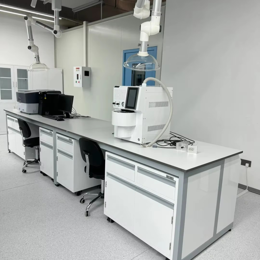 Customized Lab Benches With Reagent Shelf Lab Workstation With Water Sink and Upper Cupboard
